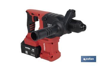 Martillo perforador SDS Plus sin escobillas multifunción | Taladra, percute y cincela | Incluye: maletín con accesorios, portabrocas automático con adaptador SDS PLUS, batería Li-Ion de 20 V y cargador - Cofan