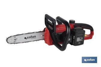 Motosierra a batería sin escobillas con espada de 10" | Engrase automático | Incluye batería Li-Ion 20 V 4,0 Ah y cargador - Cofan
