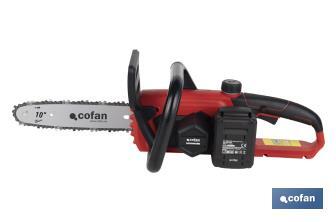 Motosierra a batería sin escobillas con espada de 10" | Engrase automático | Incluye batería Li-Ion 20 V 4,0 Ah y cargador - Cofan