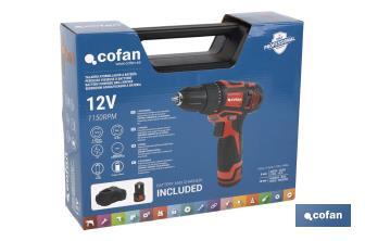 Taladro atornillador a batería | 19+ 1 posiciones de apriete | Batería Li-ion 12 V 2.0 Ah | Dos velocidades | Maletín incluido - Cofan