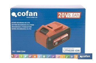 Batería Li-Ion recargable 20 V 6.0 Ah | Compatible con sistema 1 for All | Alta autonomía, protección avanzada | Indicador led de carga - Cofan