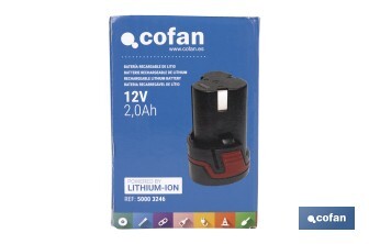 Batería Li-ion de 12 V y 2.0 Ah | Adecuado para taladro 50003244 | Larga duración y protección integral - Cofan