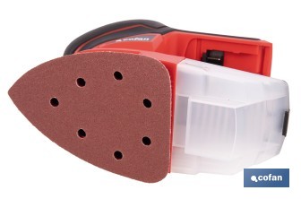 Lijadora Mouse a batería 20 V | Base de 10 x 14 cm | 11.000 rpm | Incluye caja de polvo y 3 hojas de lija | Disponible con y sin batería y cargador - Cofan