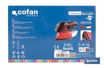 Lijadora Mouse a batería 20 V | Base de 10 x 14 cm | 11.000 rpm | Incluye caja de polvo y 3 hojas de lija | Disponible con y sin batería y cargador - Cofan