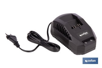 Pack de cargador 20 V 2.4 A + Batería 20 V 2.0 Ah Li-Ion | Compatible con sistema 1 for All | Protección contra sobrecarga y larga duración - Cofan