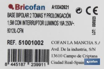 Base múltiple de dos tomas | Incluye conmutador luminoso de encendido | Cable de 1,5 metros de longitud - Cofan