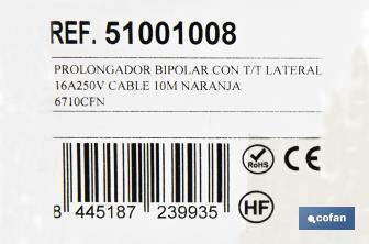 Prolongador de cable bipolar IP 44 | Con toma de tierra lateral | Cable de 10 y 25 metros color naranja - Cofan