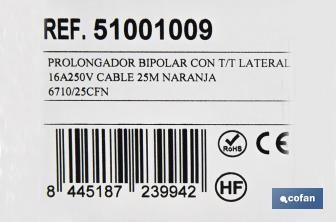 Prolongateur de câble bipolaire IP 44 | Avec prise de terre latérale | Câble de 10 et 25 mètres de couleur orange - Cofan