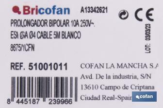 Prolongador de cable bipolar | Apto para enchufe de tipo espiga | Cable de 3 y 5 metros color blanco - Cofan