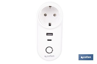 Enchufe inteligente con USB y tipo C | Conexión WiFi y Bluetooth | Aplicación: Smart Life o Tuya | Compatible con Alexa y Google | Control remoto, temporizador y protección infantil - Cofan