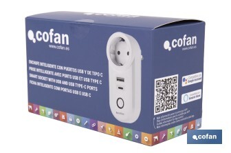 Enchufe inteligente con USB y tipo C | Conexión WiFi y Bluetooth | Aplicación: Smart Life o Tuya | Compatible con Alexa y Google | Control remoto, temporizador y protección infantil - Cofan
