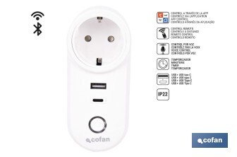 Enchufe inteligente con USB y tipo C | Conexión WiFi y Bluetooth | Aplicación: Smart Life o Tuya | Compatible con Alexa y Google | Control remoto, temporizador y protección infantil - Cofan
