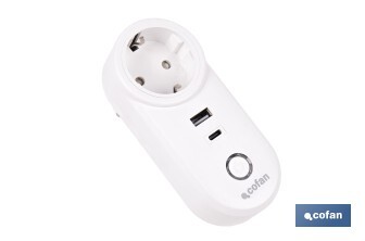 Enchufe inteligente con USB y tipo C | Conexión WiFi y Bluetooth | Aplicación: Smart Life o Tuya | Compatible con Alexa y Google | Control remoto, temporizador y protección infantil - Cofan