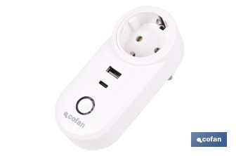 Enchufe inteligente con USB y tipo C | Conexión WiFi y Bluetooth | Aplicación: Smart Life o Tuya | Compatible con Alexa y Google | Control remoto, temporizador y protección infantil - Cofan