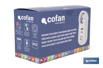 Enchufe inteligente con USB y tipo C | Conexión WiFi y Bluetooth | Aplicación: Smart Life o Tuya | Compatible con Alexa y Google | Control remoto, temporizador y protección infantil - Cofan