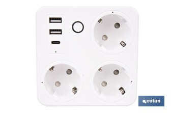 Regleta inteligente WiFi con 3 tomas + 2 puertos USB + 1 puerto USB-C | Conectividad WiFi y Bluetooth | Aplicación: Smart Life o Tuya | Control remoto de dispositivos | Compatible con Alexa y Google - Cofan