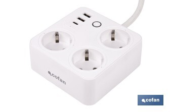 Regleta inteligente WiFi con 3 tomas + 2 puertos USB + 1 puerto USB-C | Conectividad WiFi y Bluetooth | Aplicación: Smart Life o Tuya | Control remoto de dispositivos | Compatible con Alexa y Google - Cofan