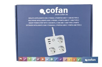 Regleta inteligente WiFi con 3 tomas + 2 puertos USB + 1 puerto USB-C | Conectividad WiFi y Bluetooth | Aplicación: Smart Life o Tuya | Control remoto de dispositivos | Compatible con Alexa y Google - Cofan