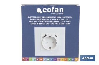 Base de enchufe inteligente con USB y tipo C | Conexión WiFi y Bluetooth | Aplicación: Smart Life o Tuya | Compatible con Alexa y Google | Control remoto, temporizador y protección infantil - Cofan