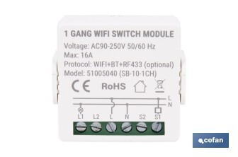 Relé individual WiFi inteligente | Automatiza interruptores o enchufes | Funcionamiento con aplicación Smart Life o Tuya | Compatible con Alexa y Google | 16 A/3520 W | Conectividad WiFi - Cofan