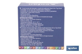 Relé individual WiFi inteligente | Automatiza interruptores o enchufes | Funcionamiento con aplicación Smart Life o Tuya | Compatible con Alexa y Google | 16 A/3520 W | Conectividad WiFi - Cofan