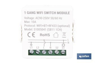 Relé inteligente de 1 interruptor WiFi | Aplicación: Smart Life o Tuya | Conectividad WiFi + Bluetooth | Para luces de hasta 10 A/150 W | Compatible con Alexa y Google - Cofan