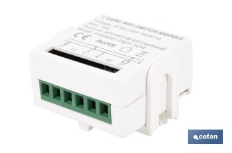 Relé inteligente de 1 interruptor WiFi | Aplicación: Smart Life o Tuya | Conectividad WiFi + Bluetooth | Para luces de hasta 10 A/150 W | Compatible con Alexa y Google - Cofan
