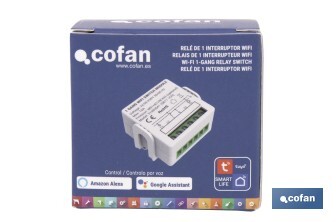 Relé inteligente de 1 interruptor WiFi | Aplicación: Smart Life o Tuya | Conectividad WiFi + Bluetooth | Para luces de hasta 10 A/150 W | Compatible con Alexa y Google - Cofan