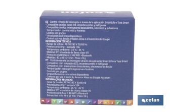 Relé inteligente de 1 interruptor WiFi | Aplicación: Smart Life o Tuya | Conectividad WiFi + Bluetooth | Para luces de hasta 10 A/150 W | Compatible con Alexa y Google - Cofan