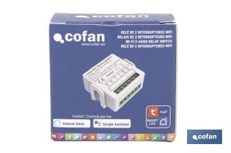 Relé inteligente de 2 interruptores WiFi | Aplicación: Smart Life o Tuya | Conectividad WiFi + Bluetooth | Para luces de hasta 10 A/150 W | Compatible con Alexa y Google - Cofan