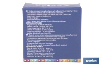 Relé inteligente de 2 interruptores WiFi | Aplicación: Smart Life o Tuya | Conectividad WiFi + Bluetooth | Para luces de hasta 10 A/150 W | Compatible con Alexa y Google - Cofan