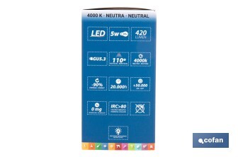 Lámpara LED COB GU-5.3 5W | 4000 K Luz Neutra | 420 lúmenes | Ángulo de 110° | 12V DC | Ahorro Energético del 90% | +50.000 Encendidos | 20.000h de Vida - Cofan