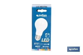 Bombilla Clásica LED con Sensor de Presencia E27 | 8,5 W - 810 lúmenes | 4000 K - luz neutra | Detección 240° <6 m | Ahorro Energético 90% | 25.000 h de Vida - Cofan