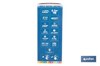 Bombilla Clásica LED con Sensor de Presencia E27 | 8,5 W - 810 lúmenes | 4000 K - luz neutra | Detección 240° <6 m | Ahorro Energético 90% | 25.000 h de Vida - Cofan