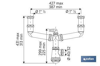 Sifone a bottiglia | Estensibile | Uscita da Ø40 mm | Raccordo doppio 1" 1/2 | Guarnizione conica riduttrice da Ø32 mm - Cofan