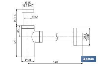 Sifón de Botella | Extensible | Cromado Cilíndrico | Salida horizontal de 330 mm de longitud y Ø32 mm - Cofan