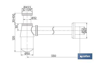 Sifone a bottiglia cromato | Estensibile | Uscita orizzontale da 330 mm e Ø32 mm | Filettatura 1" 1/4 - Cofan