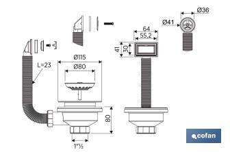 Cofan Sink Valve | Size: 1" 1/2 x 115 | Stainless Steel Strainer Plug and Screw | 2 Overflow Pipe Models | Polypropylene - Cofan