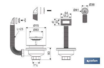 Válvula para banca | Medidas: 1 "1/2 x 115 | Com cesta de rede de aço inox e parafuso | 2 modelos de drenagem - Cofan