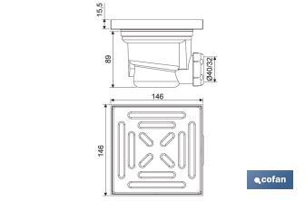 Dreno com válvula de sifão | Para prato de chuveiro de obra | Medidas: 146 x 146 mm | Saída de Ø40 mm - Cofan