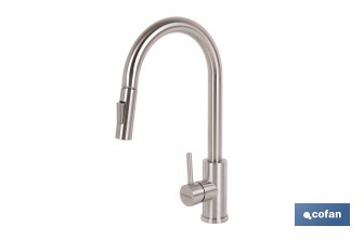 Grifo de cocina extensible giratorio 360° | Material: acero inoxidable 304 | Rociador con 2 funciones | Cartucho cerámico de Ø35 mm | Latiguillos de 50 cm - Cofan