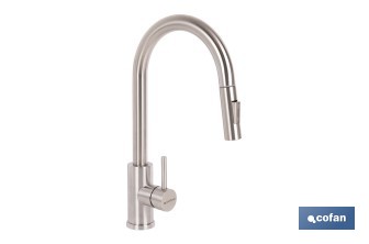 Grifo de cocina extensible giratorio 360° | Material: acero inoxidable 304 | Rociador con 2 funciones | Cartucho cerámico de Ø35 mm | Latiguillos de 50 cm - Cofan