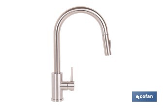 Grifo de cocina extensible giratorio 360° | Material: acero inoxidable 304 | Rociador con 2 funciones | Cartucho cerámico de Ø35 mm | Latiguillos de 50 cm - Cofan