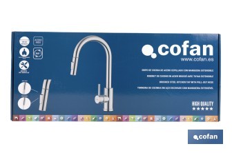 Grifo de cocina extensible giratorio 360° | Material: acero inoxidable 304 | Rociador con 2 funciones | Cartucho cerámico de Ø35 mm | Latiguillos de 50 cm - Cofan