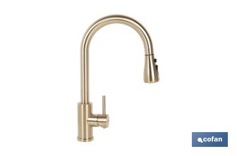 Grifo de cocina extensible dorado con 3 funciones y giro 360° | Material: acero inoxidable | Acabado cepillado | Cartucho cerámico Ø35 mm - Cofan