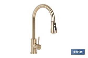 Grifo de cocina extensible dorado con 3 funciones y giro 360° | Material: acero inoxidable | Acabado cepillado | Cartucho cerámico Ø35 mm - Cofan