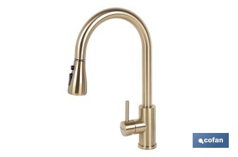 Grifo de cocina extensible dorado con 3 funciones y giro 360° | Material: acero inoxidable | Acabado cepillado | Cartucho cerámico Ø35 mm - Cofan
