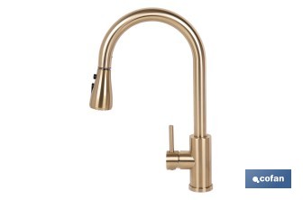 Grifo de cocina extensible dorado con 3 funciones y giro 360° | Material: acero inoxidable | Acabado cepillado | Cartucho cerámico Ø35 mm - Cofan