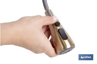 Grifo de cocina extensible dorado con 3 funciones y giro 360° | Material: acero inoxidable | Acabado cepillado | Cartucho cerámico Ø35 mm - Cofan