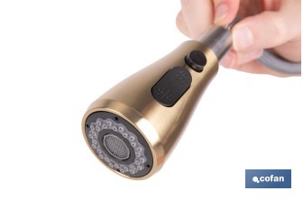 Grifo de cocina extensible dorado con 3 funciones y giro 360° | Material: acero inoxidable | Acabado cepillado | Cartucho cerámico Ø35 mm - Cofan